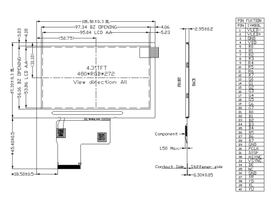 4.3 Inch Tft Lcd Display,  480x272 Resolution,  24bit RGB 40PIN Interface , 1000cd/M2