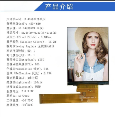 3.45" Bar TFT LCD Module with 480X640 Resolution and MIPI Interface