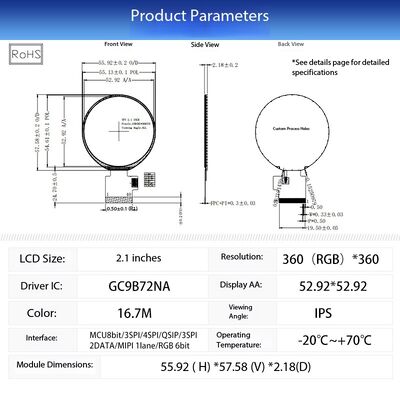 2.1 Inch Round TFT Display 360x360 Resolution with MIPI 1Lane Interface and GC9B72NA IC Circular TFT LCD Screen