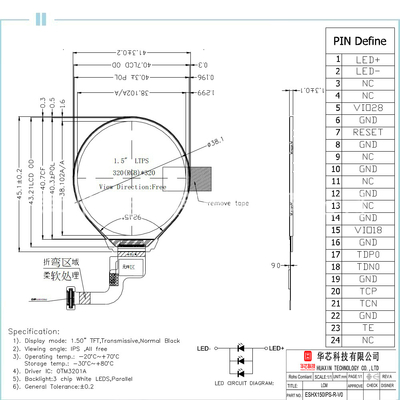 1.5 Inch Circular TFT Display , 320x320 24PINS MIPI,  350cd/M2 Circle LCD Display