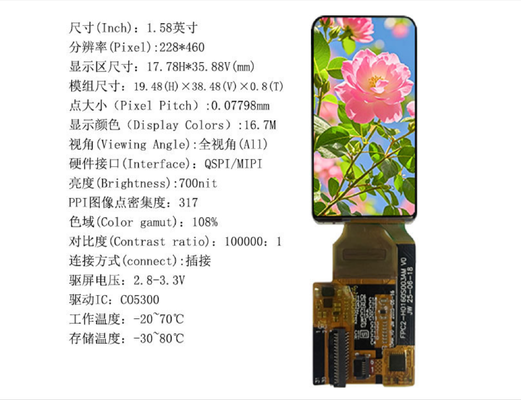 1.58 Inch AMOLED Display Module with 700nit Brightness 228RGB x 460 Resolution and QSPI/MIPI Interface
