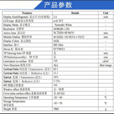 2.4" Transflective Bar TFT LCD Module,240X320 Resolution,SPI 16bir  Interface, Driving IC ST7701S,ALL o'clock ,G+FF,150nit